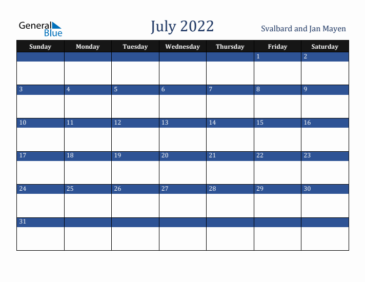 July 2022 Svalbard and Jan Mayen Calendar (Sunday Start)
