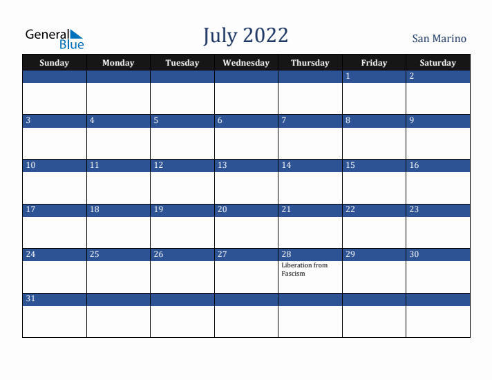 July 2022 San Marino Calendar (Sunday Start)