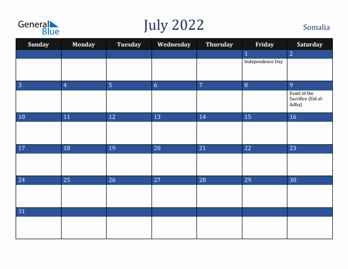 July 2022 Somalia Calendar (Sunday Start)