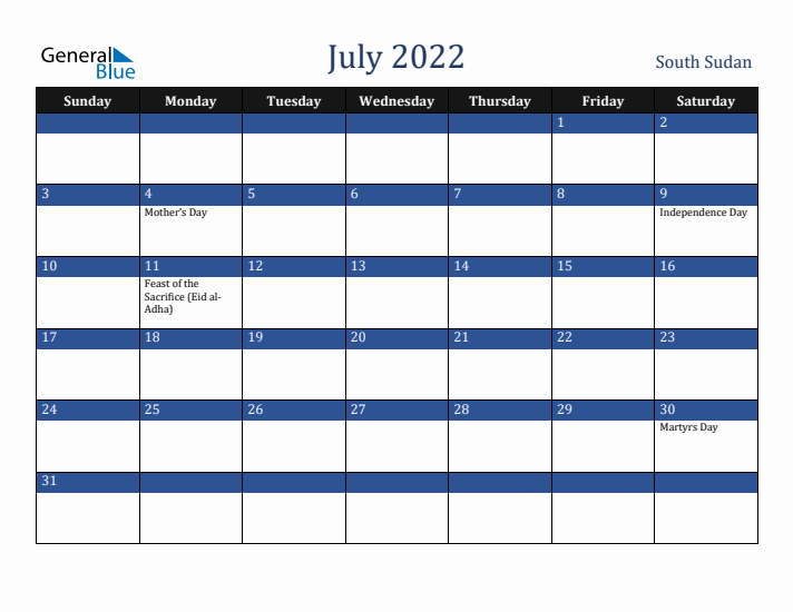 July 2022 South Sudan Calendar (Sunday Start)