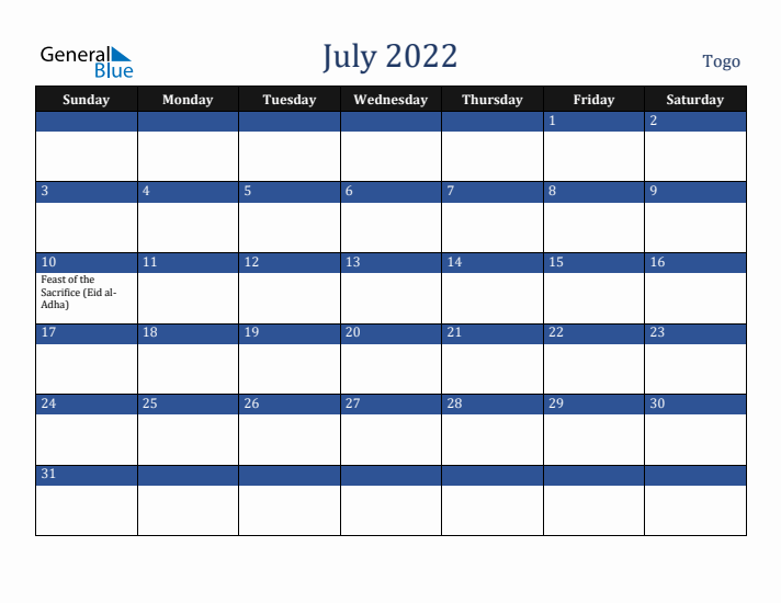 July 2022 Togo Calendar (Sunday Start)
