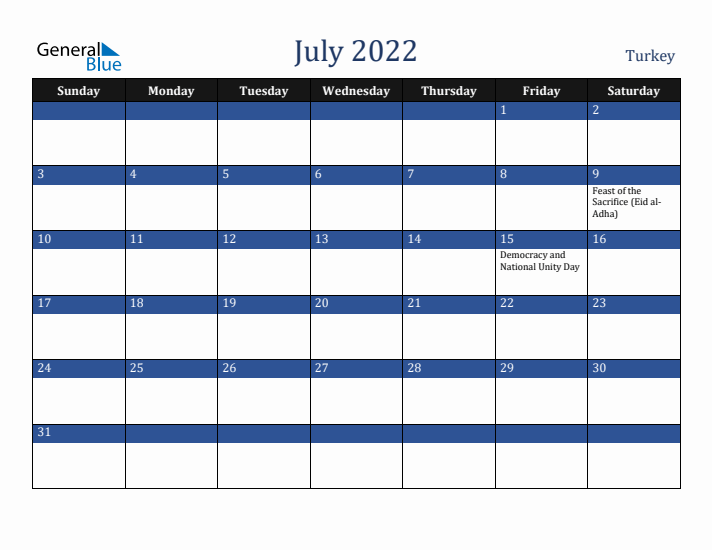 July 2022 Turkey Calendar (Sunday Start)