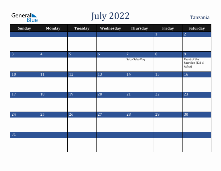 July 2022 Tanzania Calendar (Sunday Start)