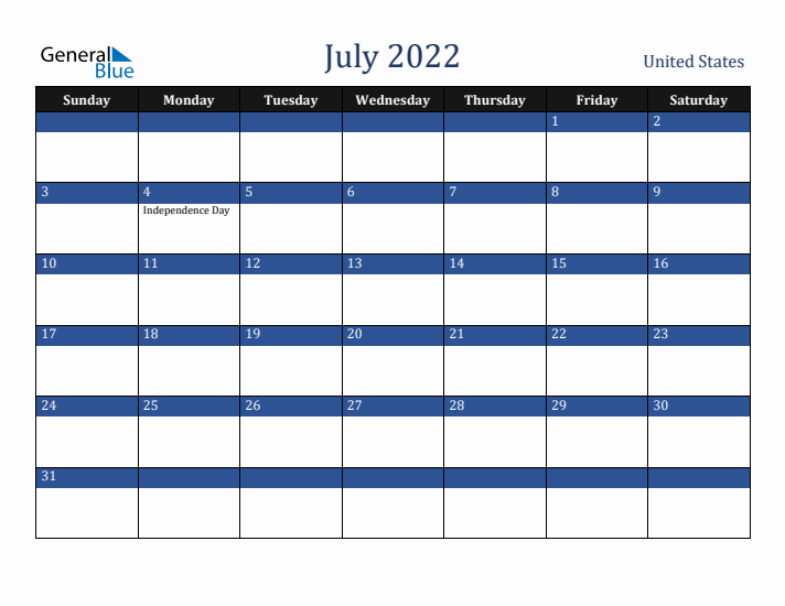 July 2022 United States Calendar (Sunday Start)