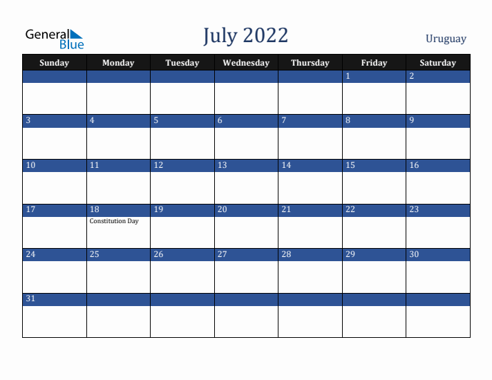 July 2022 Uruguay Calendar (Sunday Start)