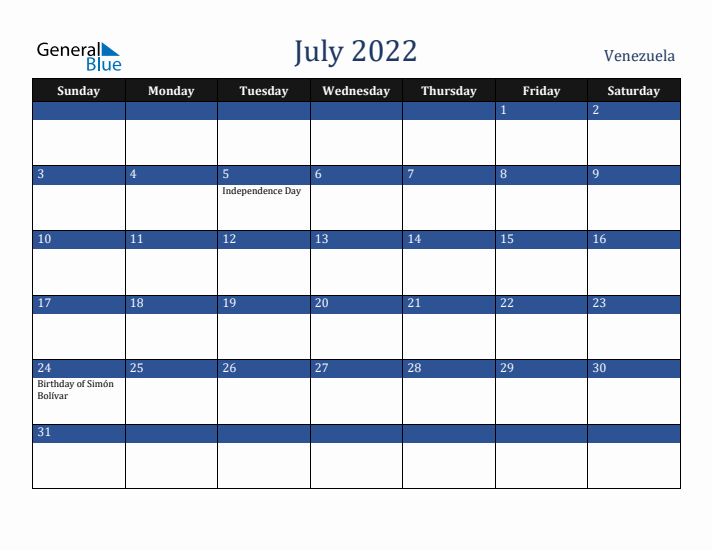 July 2022 Venezuela Calendar (Sunday Start)