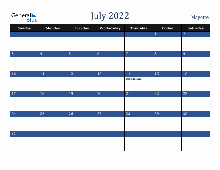 July 2022 Mayotte Calendar (Sunday Start)