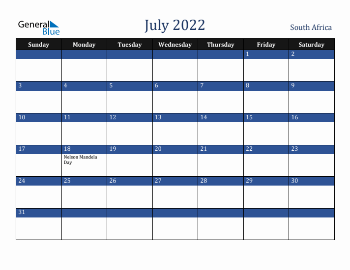 July 2022 South Africa Calendar (Sunday Start)