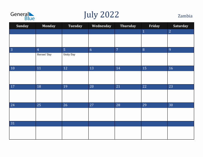 July 2022 Zambia Calendar (Sunday Start)