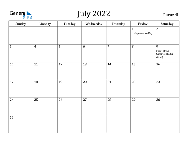 July 2022 Calendar Burundi