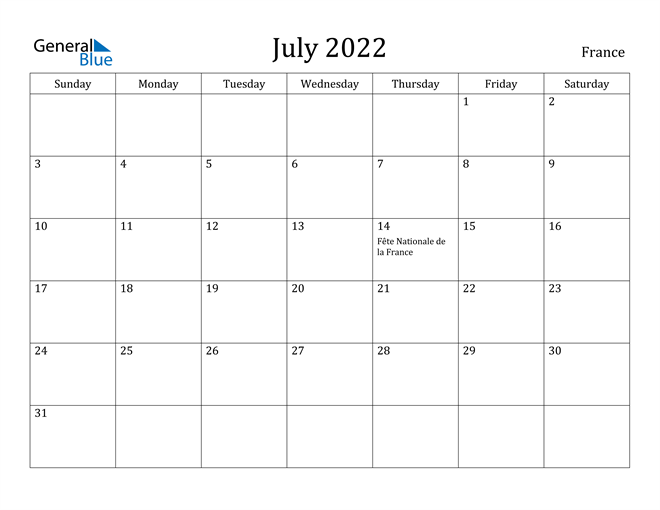 France July 2022 Calendar With Holidays