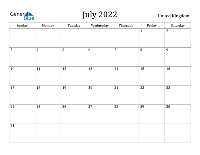 July 2022 Calendar United Kingdom