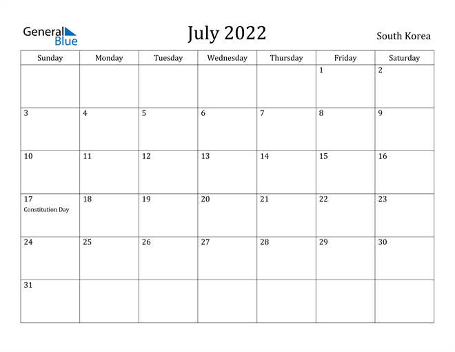 July 2022 Calendar South Korea