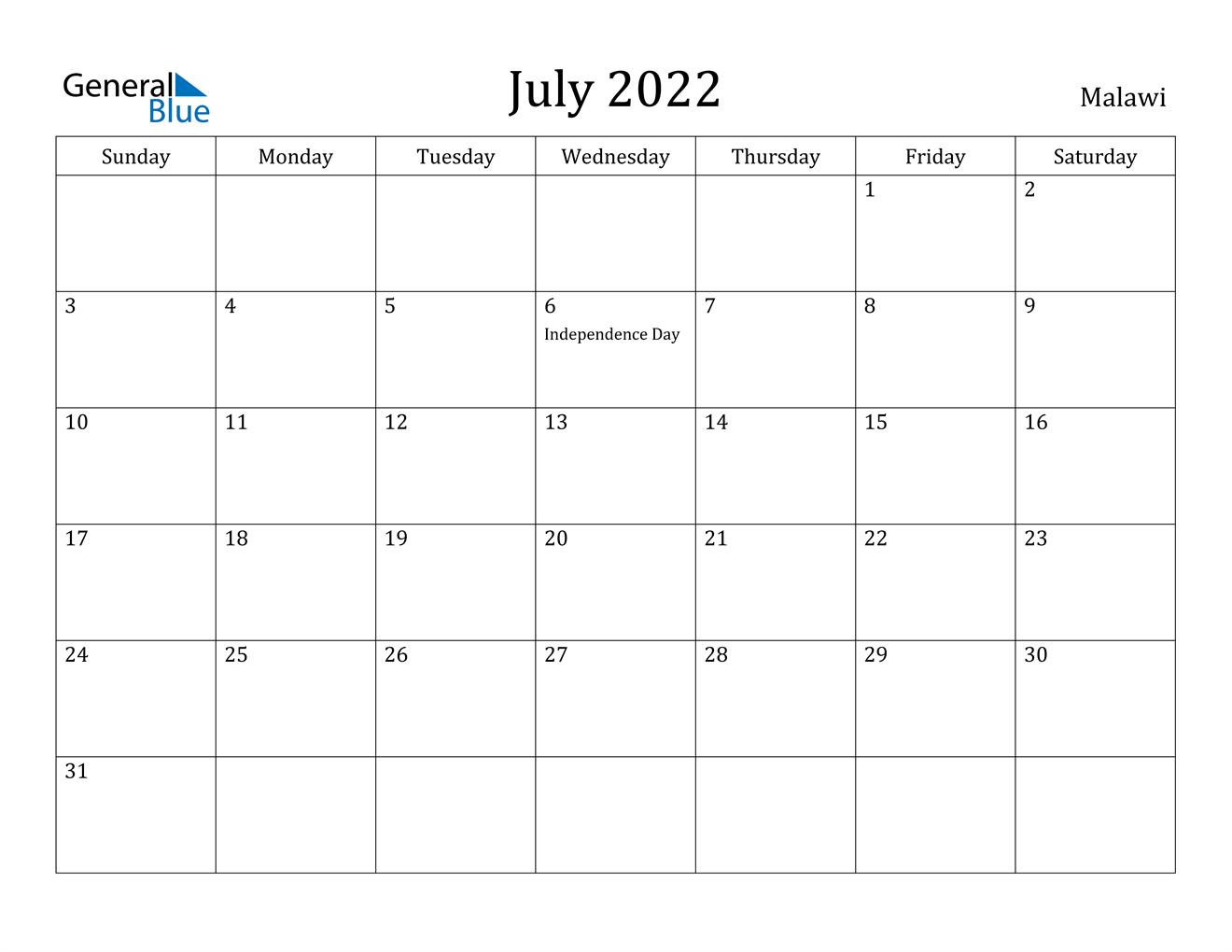 malawi july 2022 calendar with holidays