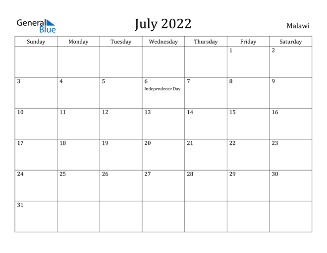 malawi july 2022 calendar with holidays