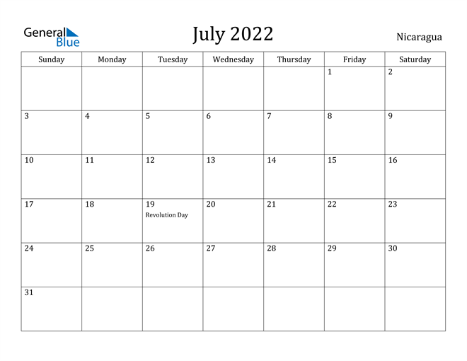 July 2022 Calendar Nicaragua