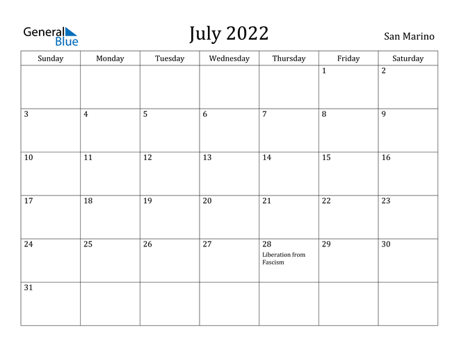 July 2022 Calendar San Marino