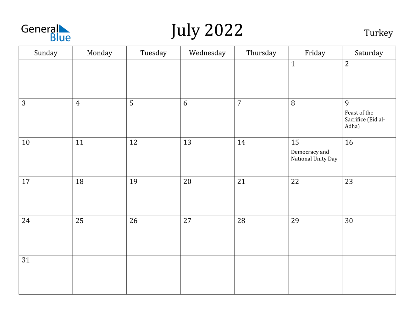 july 2022 calendar turkey