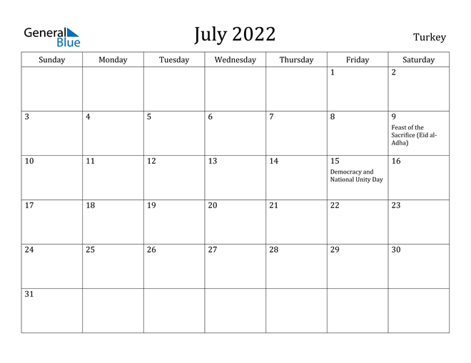 July 2022 Calendar Turkey