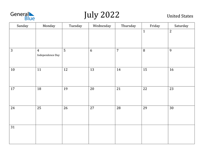 Free Printable Calendar July 2022 United States July 2022 Calendar With Holidays