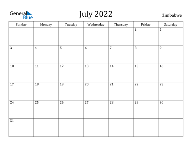July 2022 Calendar Zimbabwe