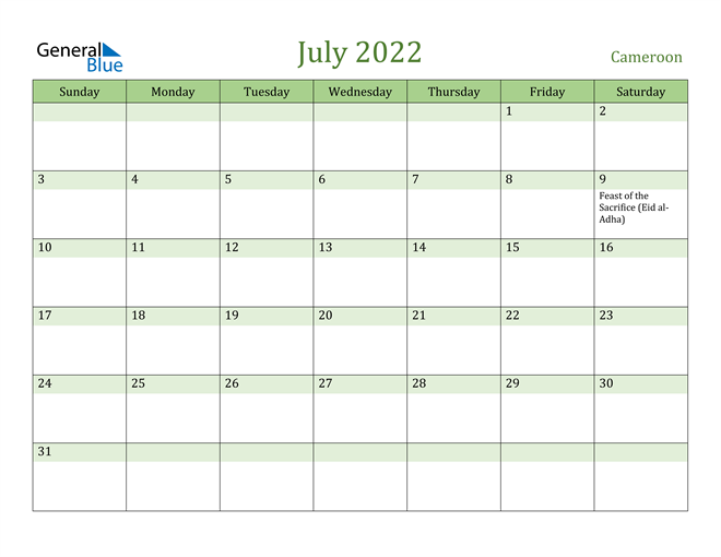 July 2022 Calendar with Cameroon Holidays