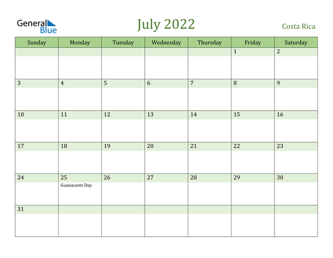 July 2022 Calendar with Costa Rica Holidays