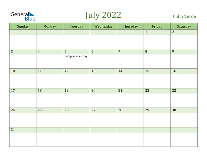 July 2022 Calendar with Cabo Verde Holidays