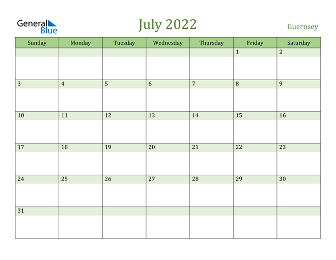 July 2022 Calendar with Guernsey Holidays