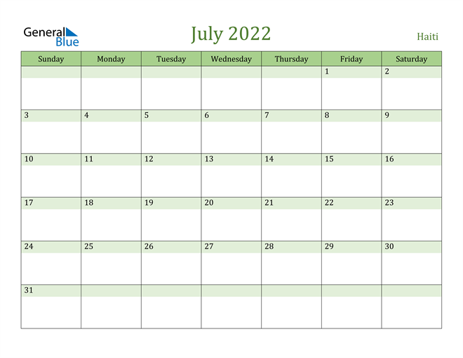 July 2022 Calendar with Haiti Holidays