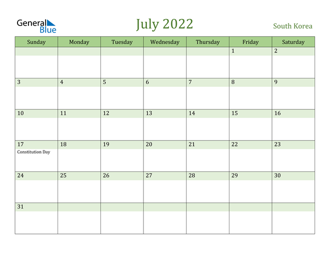 July 2022 Calendar with South Korea Holidays