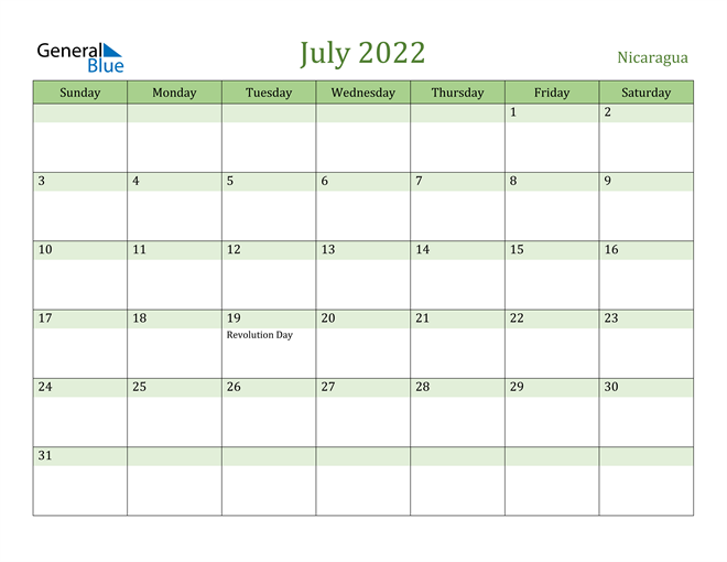 July 2022 Calendar with Nicaragua Holidays