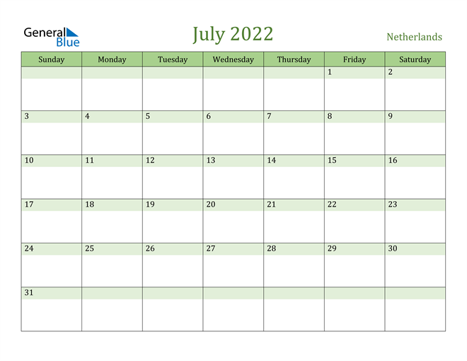 July 2022 Calendar with Netherlands Holidays