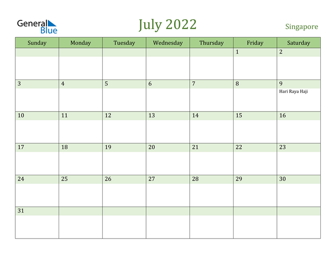 Singapore July 2022 Calendar With Holidays