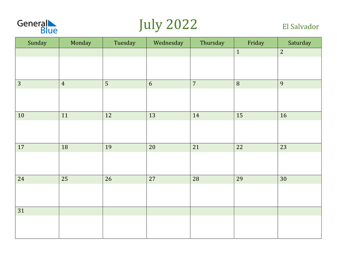 July 2022 Calendar with El Salvador Holidays