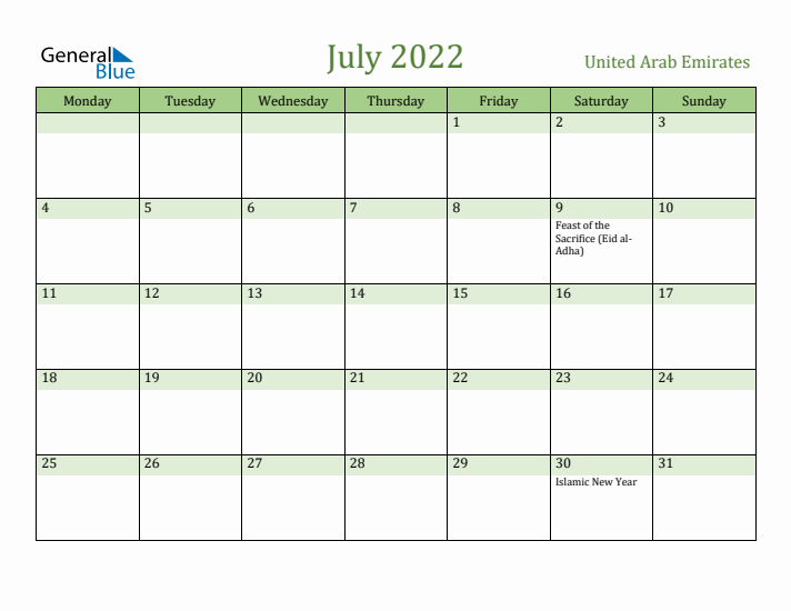 July 2022 Calendar with United Arab Emirates Holidays