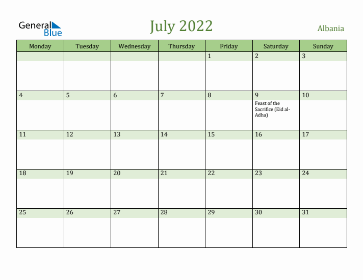 July 2022 Calendar with Albania Holidays