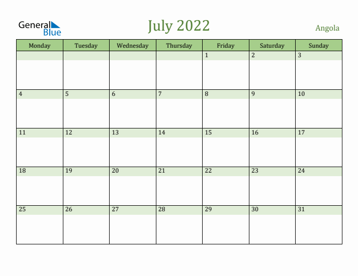 July 2022 Calendar with Angola Holidays