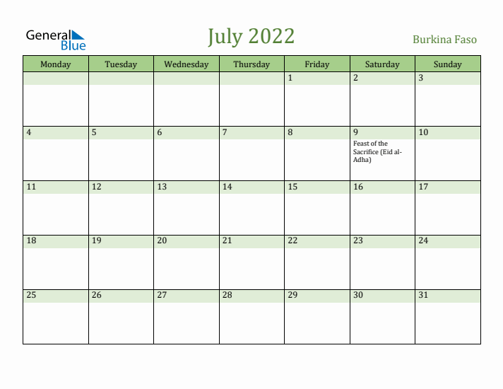 July 2022 Calendar with Burkina Faso Holidays