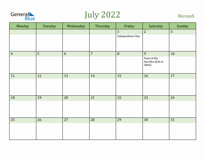 July 2022 Calendar with Burundi Holidays