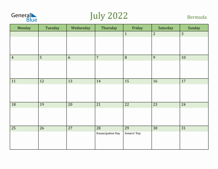 July 2022 Calendar with Bermuda Holidays