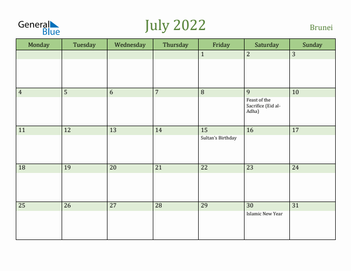 July 2022 Calendar with Brunei Holidays