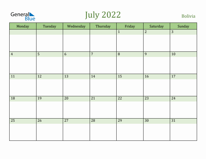 July 2022 Calendar with Bolivia Holidays