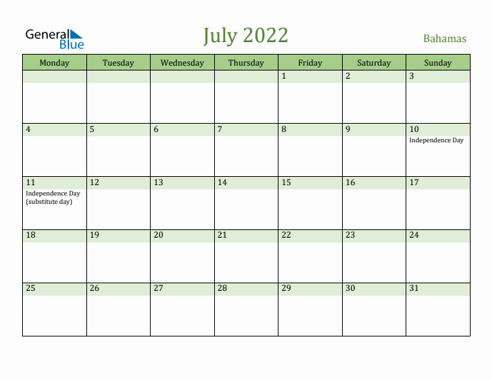 July 2022 Calendar with Bahamas Holidays