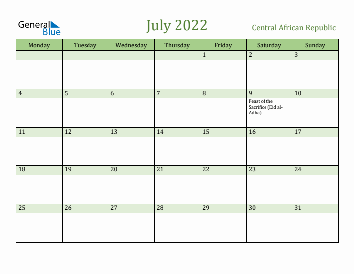 July 2022 Calendar with Central African Republic Holidays