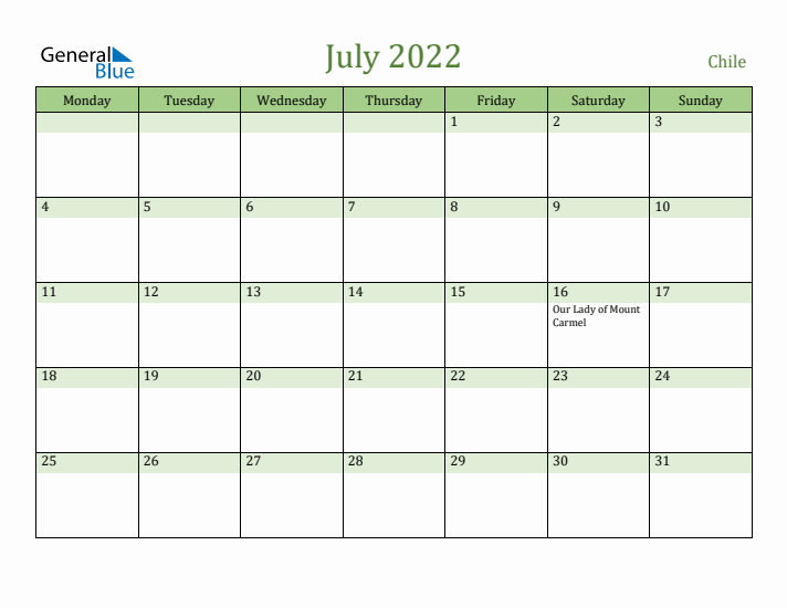 July 2022 Calendar with Chile Holidays