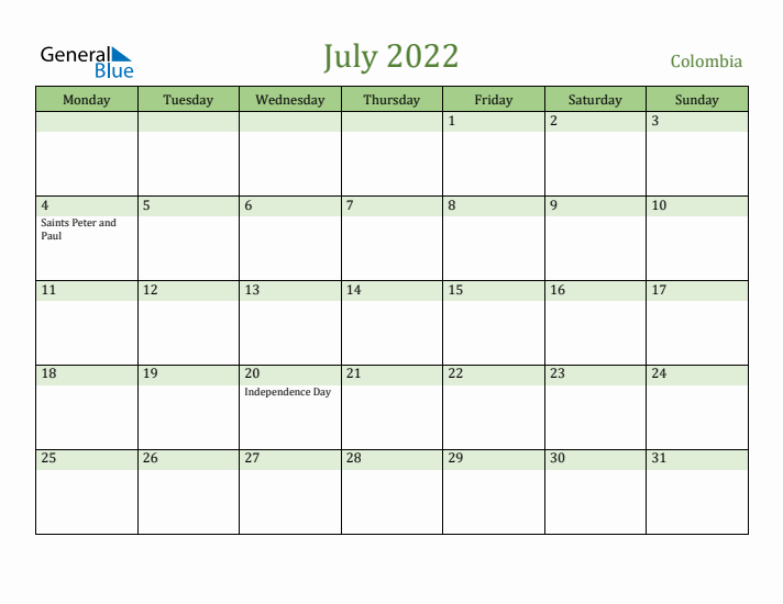 July 2022 Calendar with Colombia Holidays