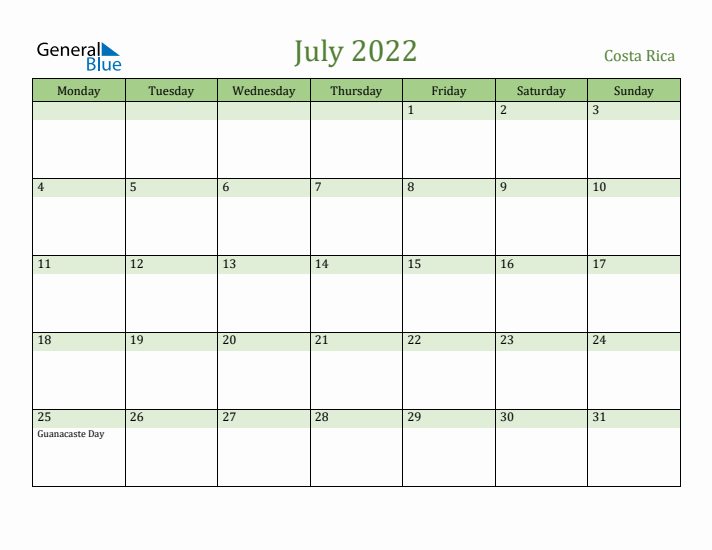 July 2022 Calendar with Costa Rica Holidays