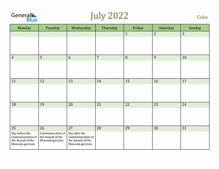 July 2022 Calendar with Cuba Holidays