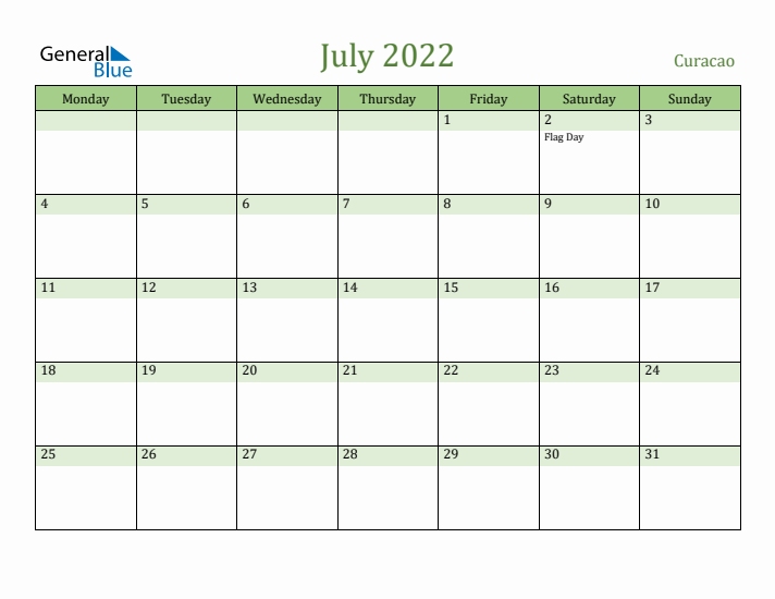 July 2022 Calendar with Curacao Holidays
